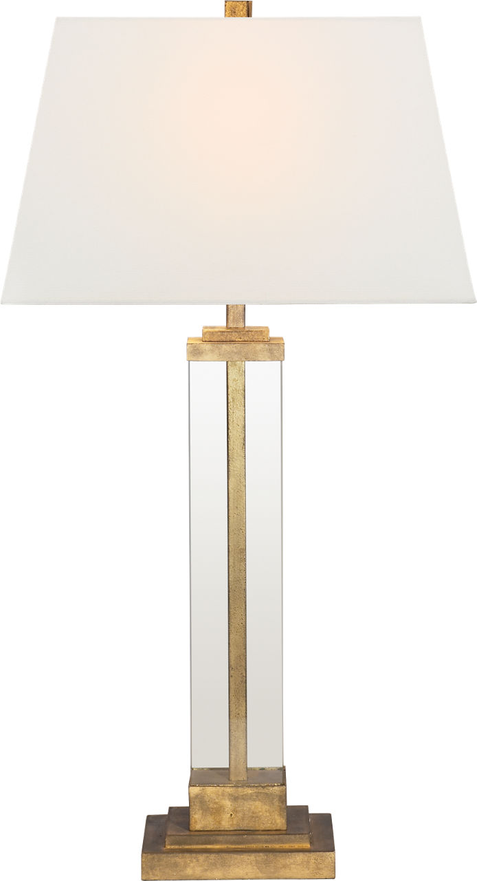 Wright Table Lamp in Gilded Iron and Glass with Linen Shade