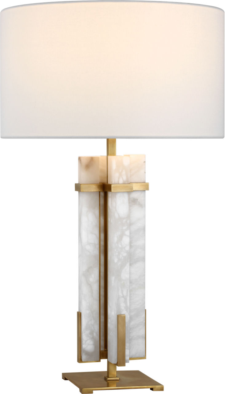 Malik Large Table Lamp in Hand-Rubbed Antique Brass and Alabaster with Linen Shade