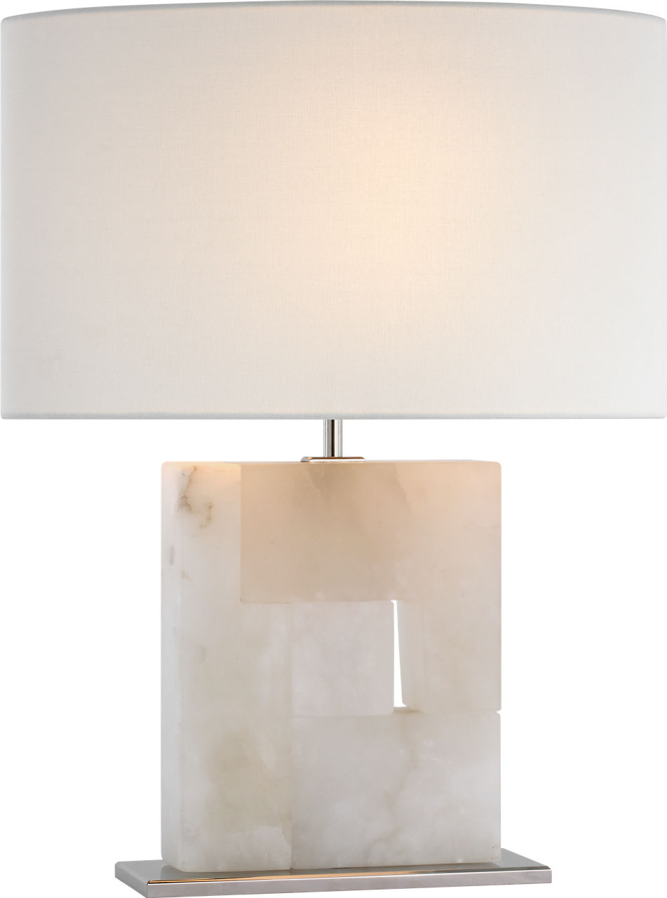 Ashlar Medium Table Lamp in Alabaster and Polished Nickel with Linen Shade