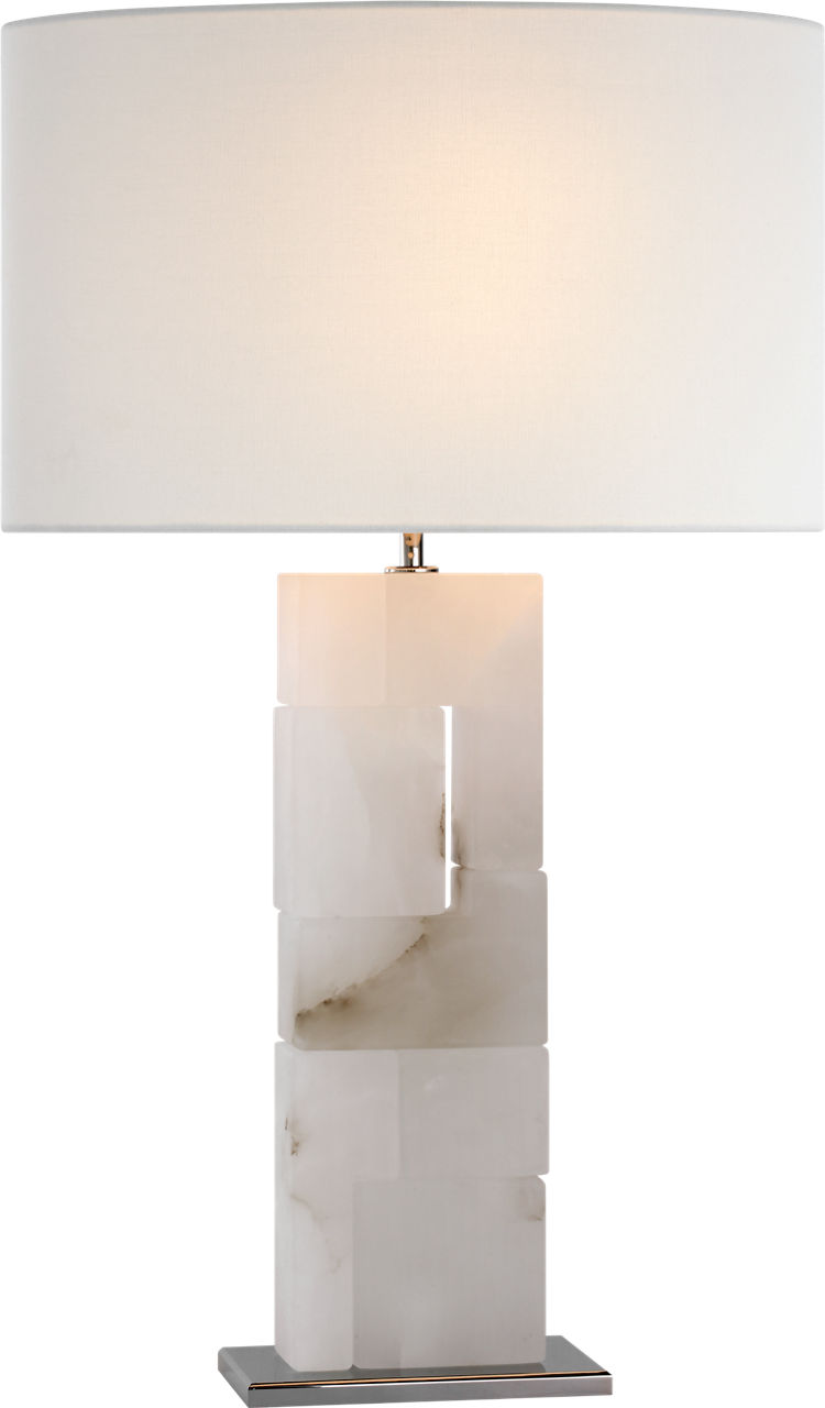 Ashlar Large Table Lamp in Alabaster and Polished Nickel with Linen Shade