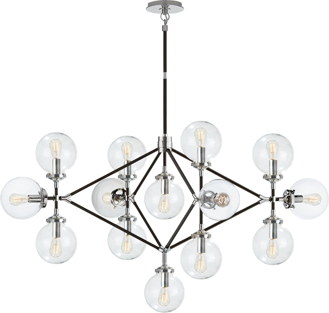 Bistro Four Arm Chandelier in Polished Nickel and Black with Clear Glass