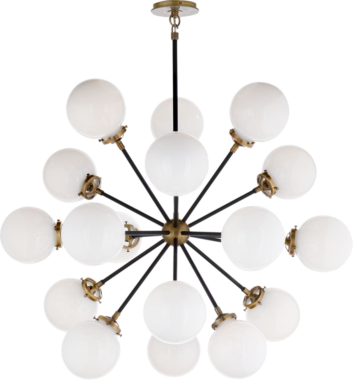 Bistro Medium Round Chandelier in Hand-Rubbed Antique Brass and Black with White Glass