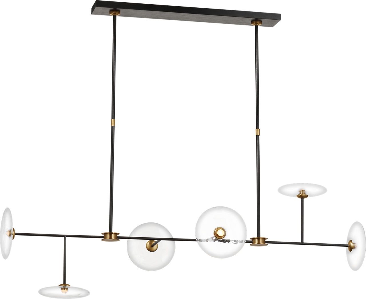 Calvino Large Linear Chandelier in Aged Iron and Hand-Rubbed Antique Brass with Clear Glass
