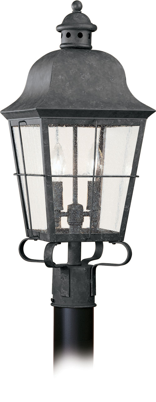 Chatham Post Lantern in Oxidized Bronze with Clear Seeded Glass Panels