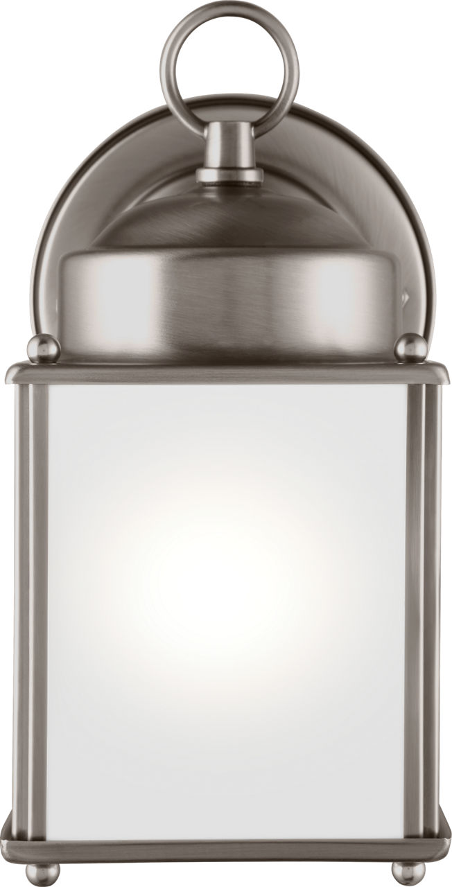 New Castle One Light Small Outdoor Wall Lantern Satin Etched Glass Antique Brushed Nickel