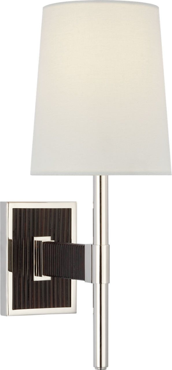 Elle Small Single Sconce in Polished Nickel and Black Rattan with Linen Shade