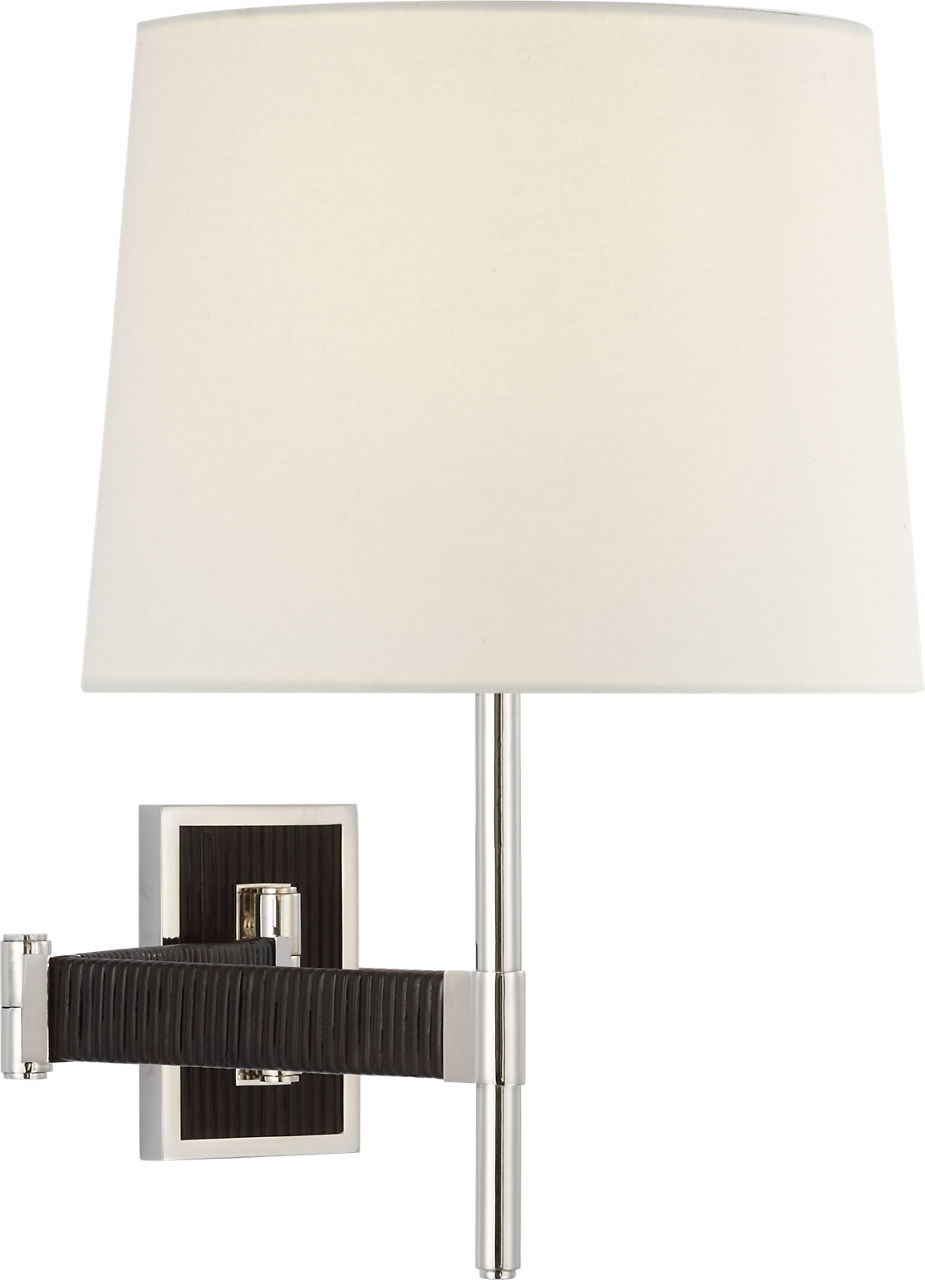 Elle Swing Arm Sconce in Polished Nickel and Black Rattan with Linen Shade