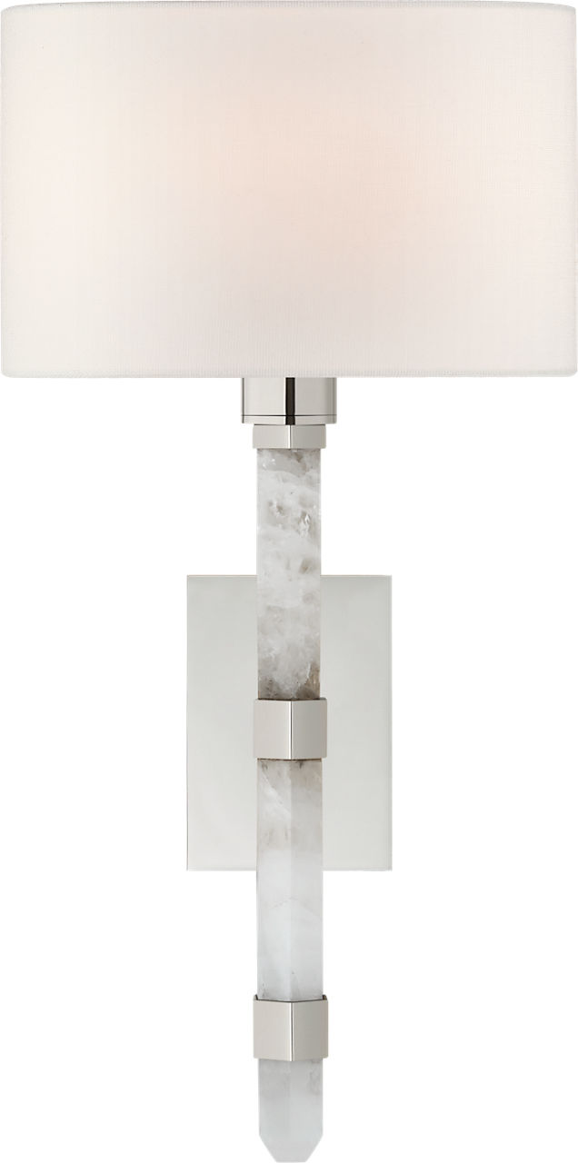 Adaline Small Tail Sconce in Polished Nickel and Quartz with Linen Shade