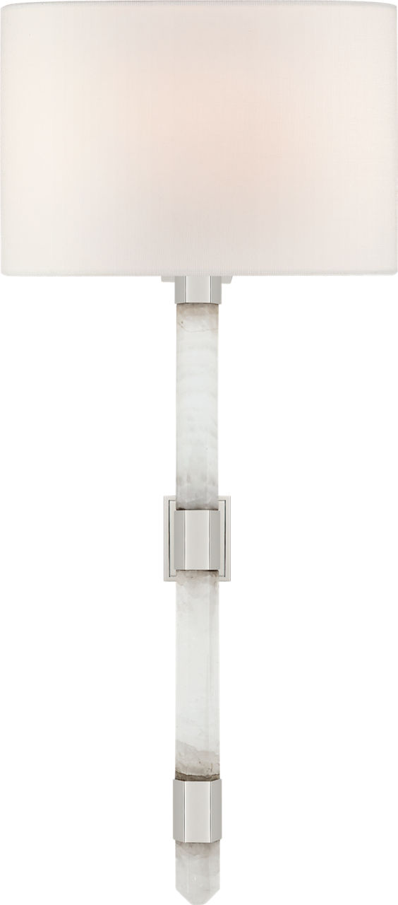 Adaline Medium Tail Sconce in Polished Nickel and Quartz with Linen Shade