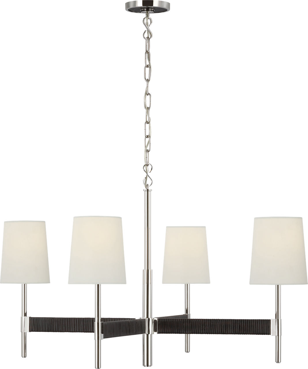 Elle Large Chandelier in Polished Nickel and Black Rattan with Linen Shades