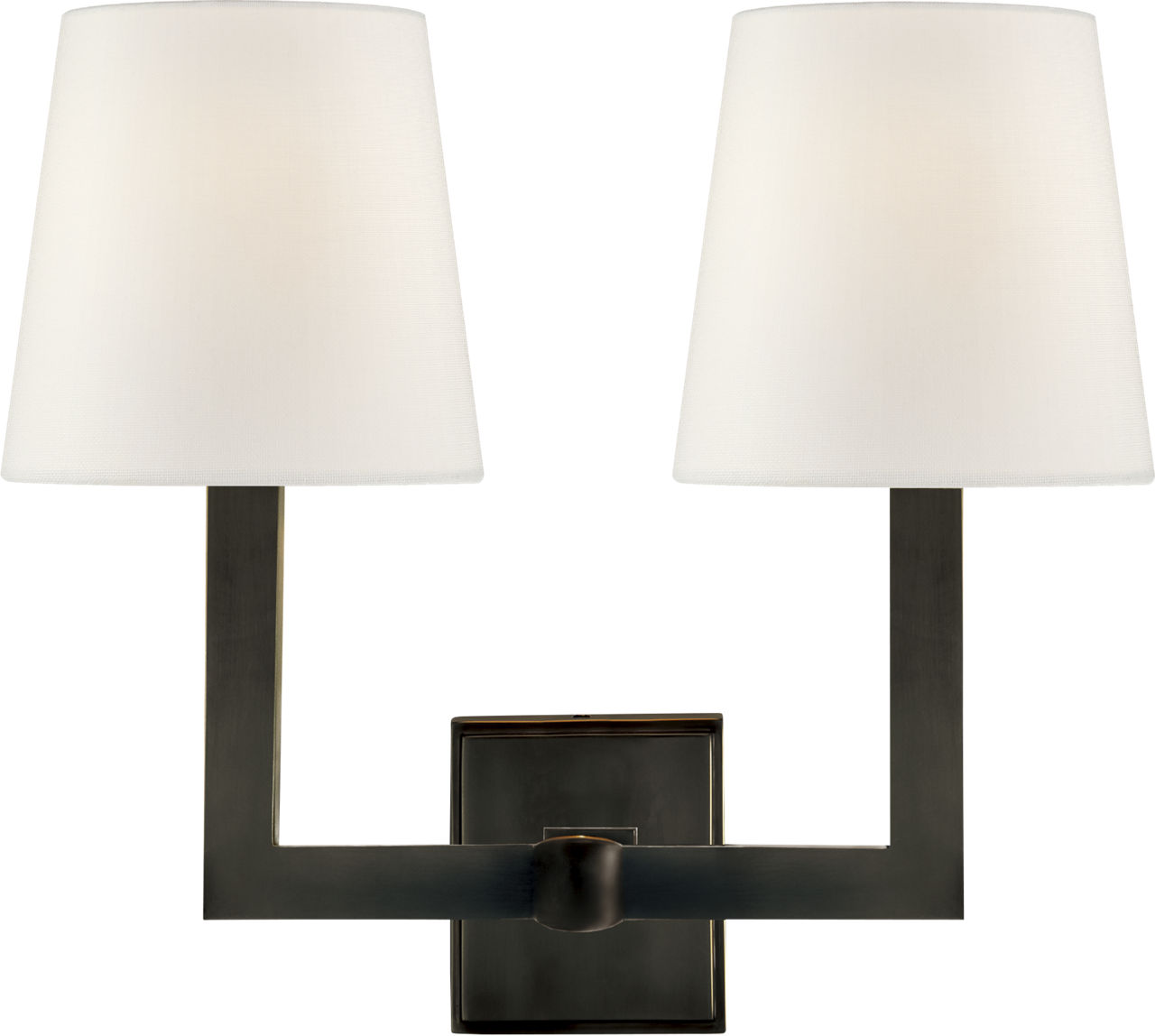 Square Tube Double Sconce in Bronze with Linen Shades