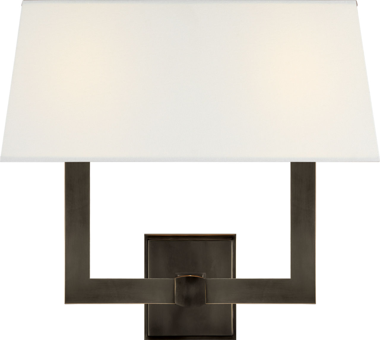 Square Tube Double Sconce in Bronze with Linen Single Shade