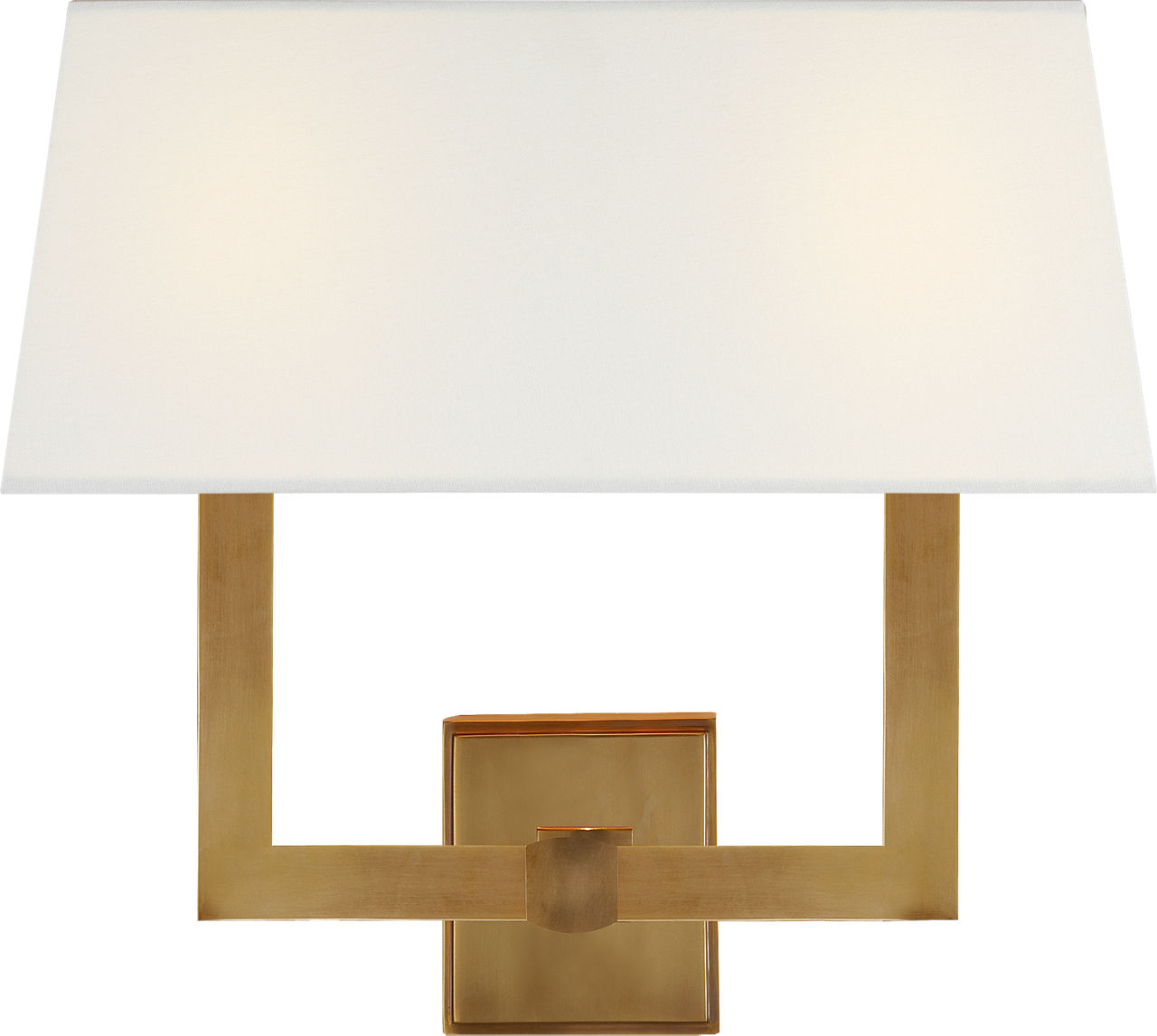 Square Tube Double Sconce in Hand-Rubbed Antique Brass with Linen Single Shade