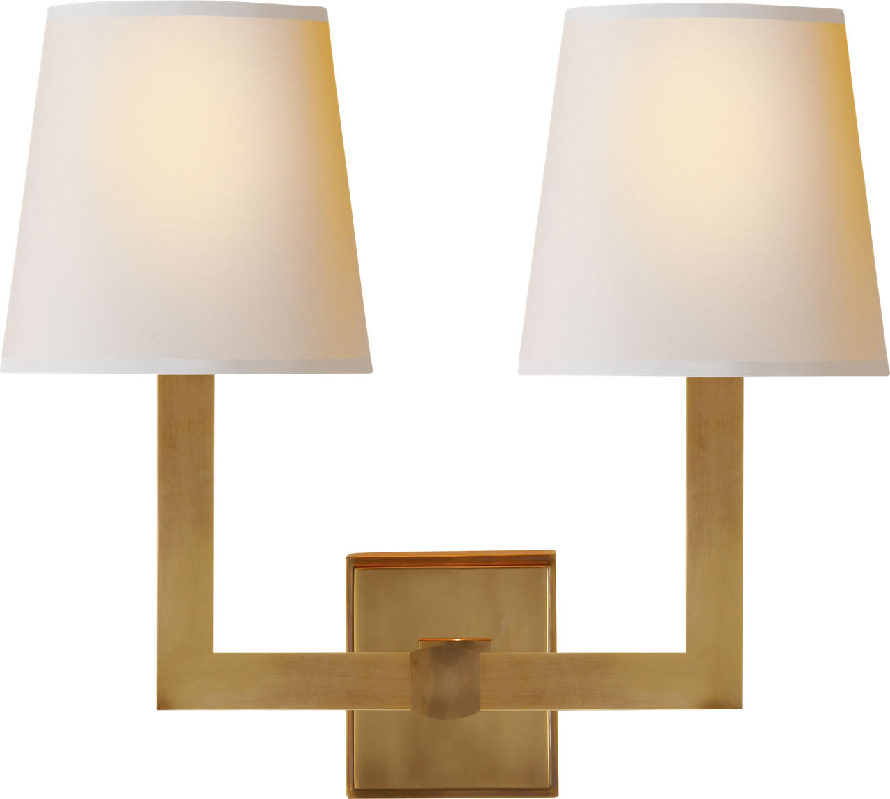 Square Tube Double Sconce in Hand-Rubbed Antique Brass with Natural Paper Shades