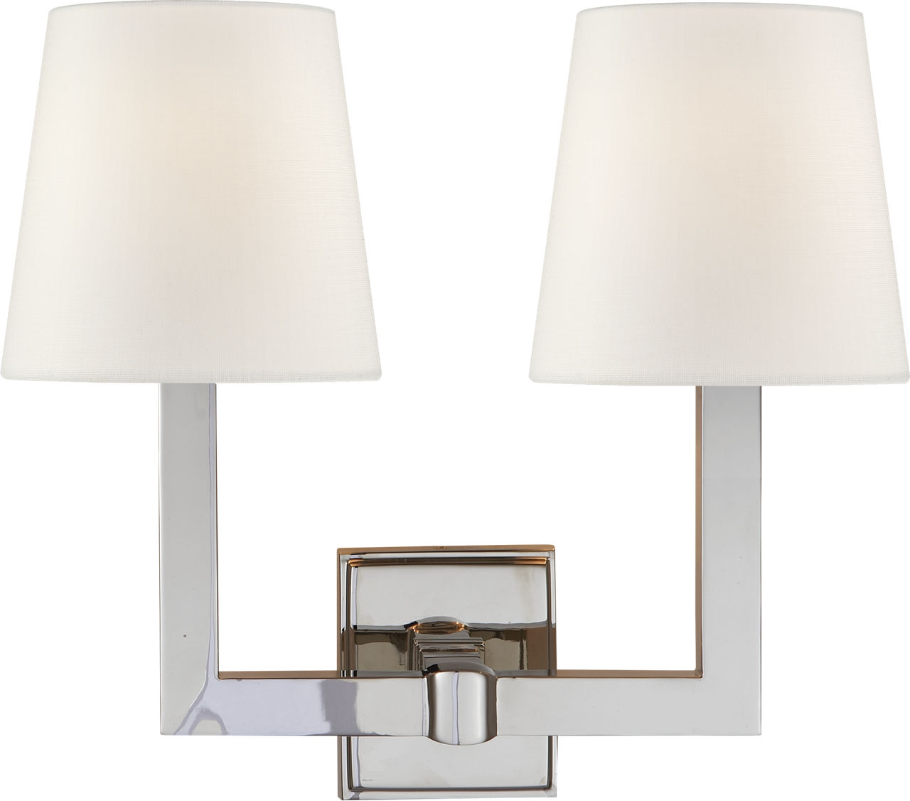 Square Tube Double Sconce in Polished Nickel with Linen Shades