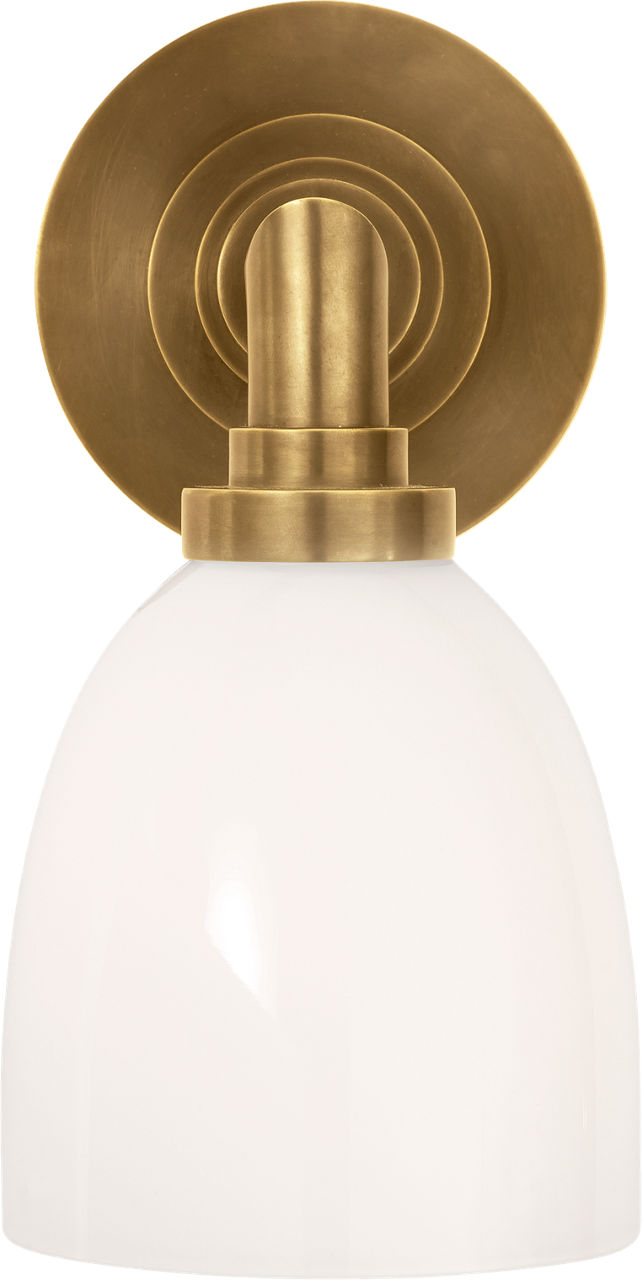 Wilton Single Bath Light in Hand-Rubbed Antique Brass with White Glass