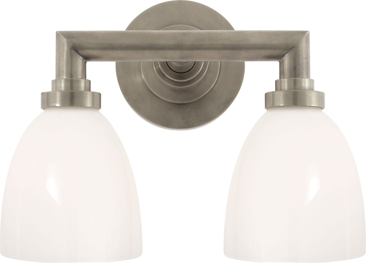 Wilton Double Bath Light in Antique Nickel with White Glass