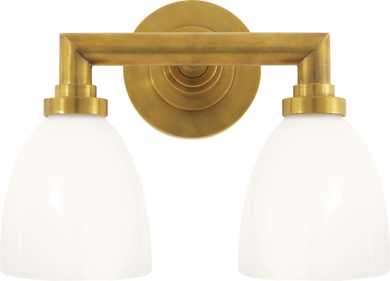 Wilton Double Bath Light in Hand-Rubbed Antique Brass with White Glass
