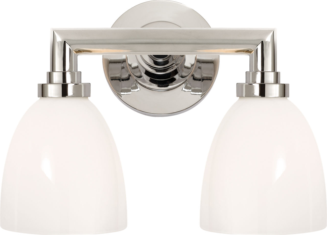 Wilton Double Bath Light in Polished Nickel with White Glass