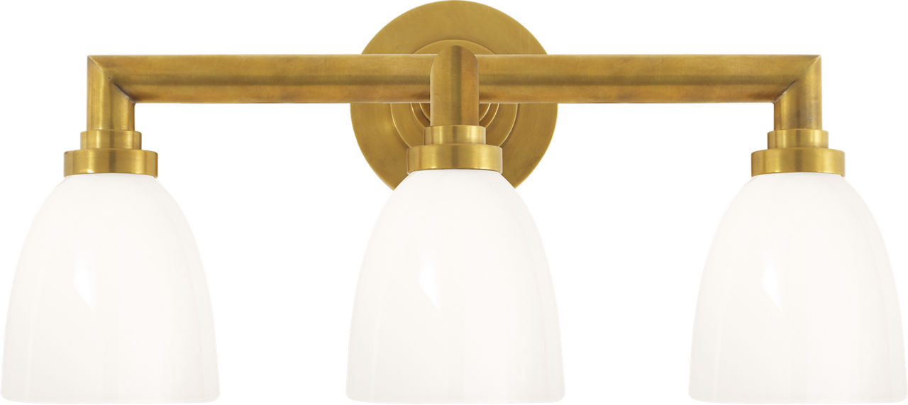 Wilton Triple Bath Light in Hand-Rubbed Antique Brass with White Glass