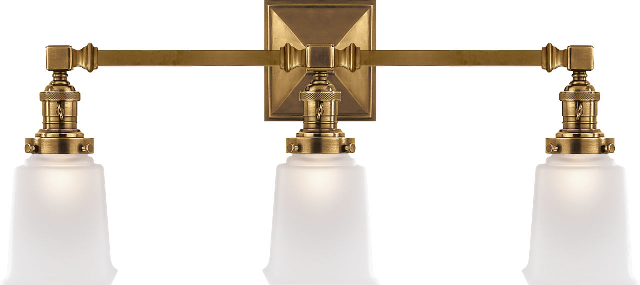 Boston Square Triple Light Sconce in Hand-Rubbed Antique Brass with Frosted Glass