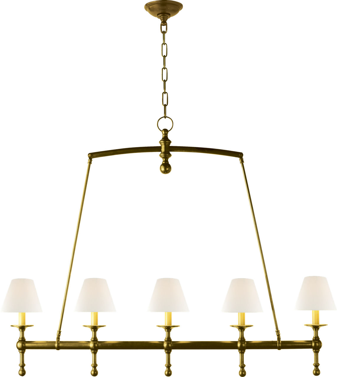 Classic Linear Chandelier in Hand-Rubbed Antique Brass with Linen Shades