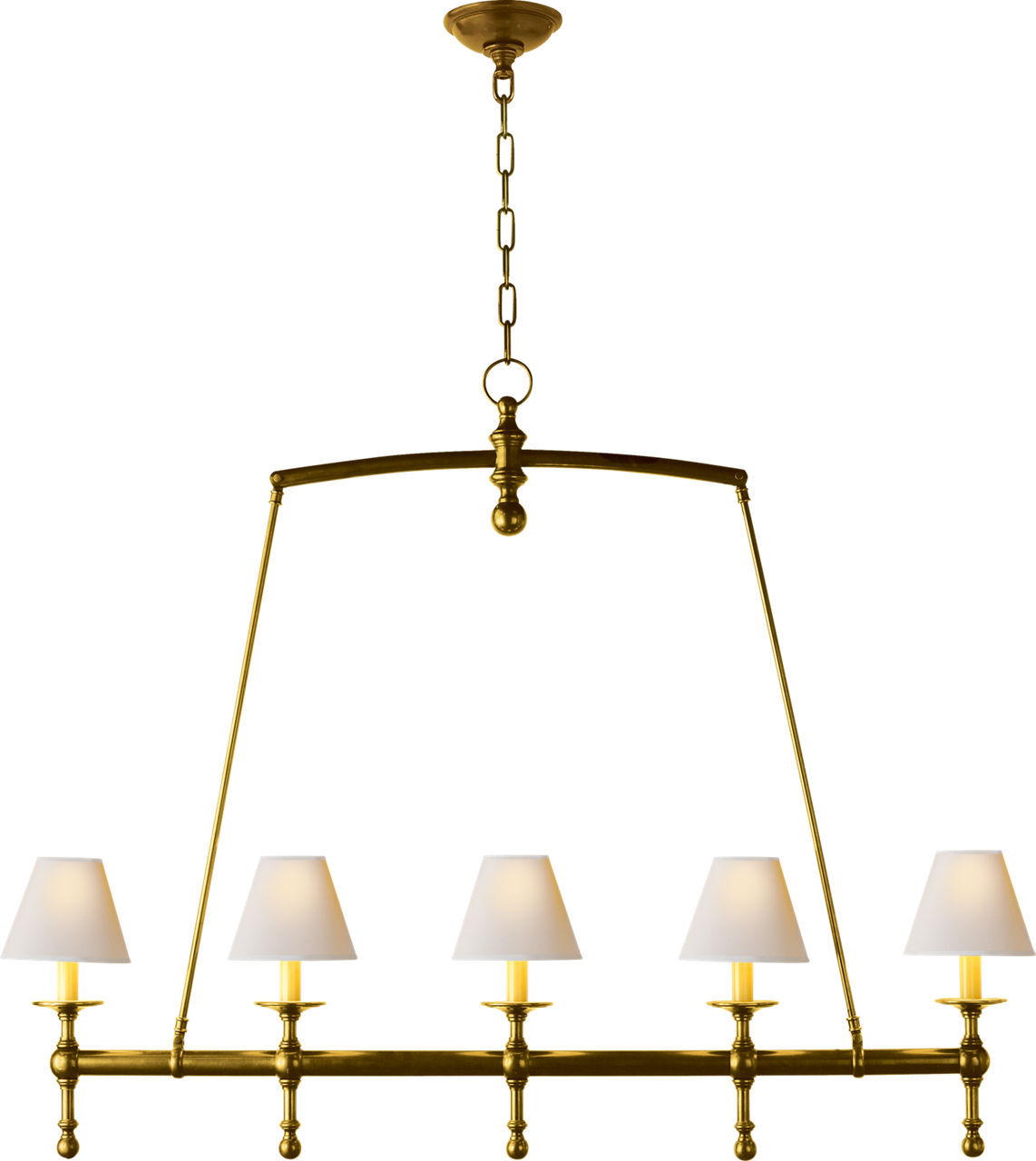Classic Linear Chandelier in Hand-Rubbed Antique Brass with Natural Paper Shades