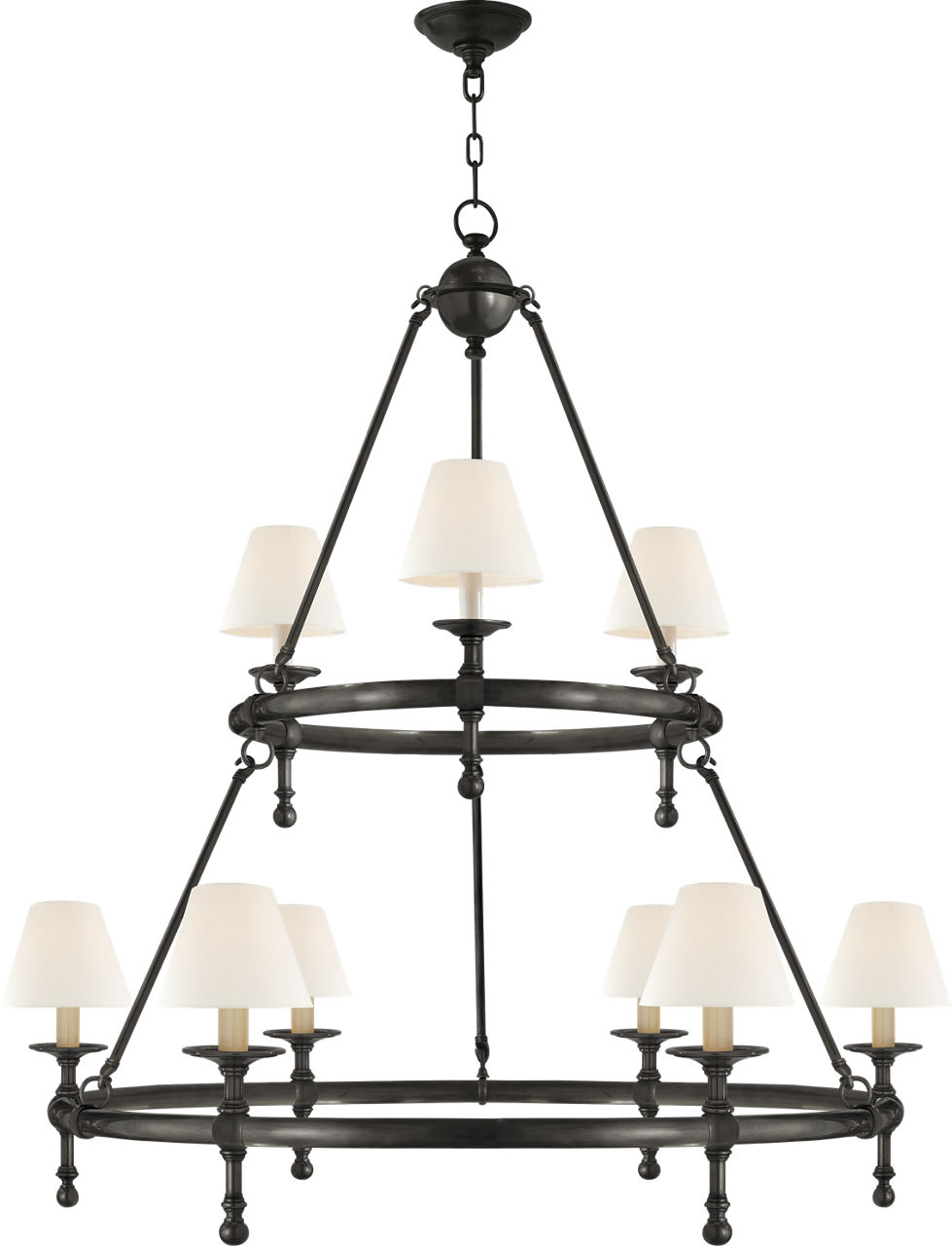 Classic Two-Tier Ring Chandelier in Bronze with Linen Shades
