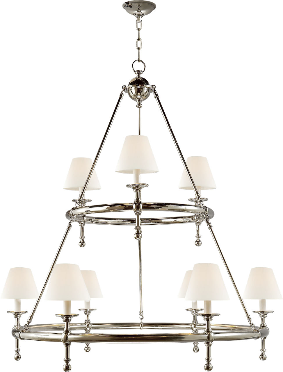 Classic Two-Tier Ring Chandelier in Polished Nickel with Linen Shades