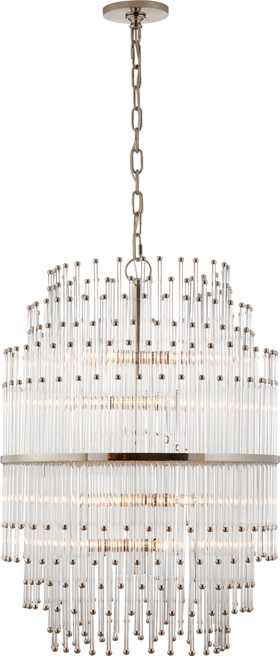 Mia Medium Barrel Chandelier in Polished Nickel with Clear Glass Rods