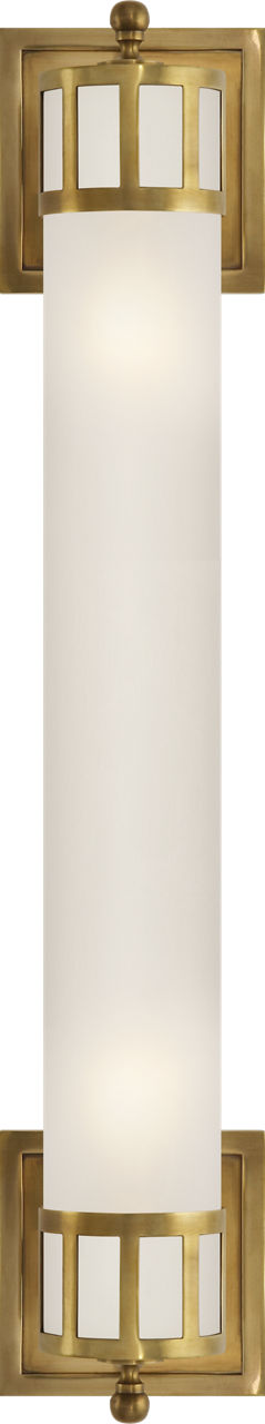 Openwork Long Sconce in Hand-Rubbed Antique Brass with Frosted Glass