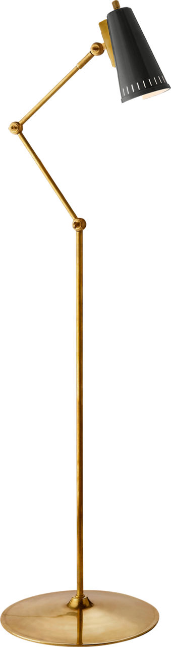 Antonio Articulating Floor Lamp in Hand-Rubbed Antique Brass with Black Shade