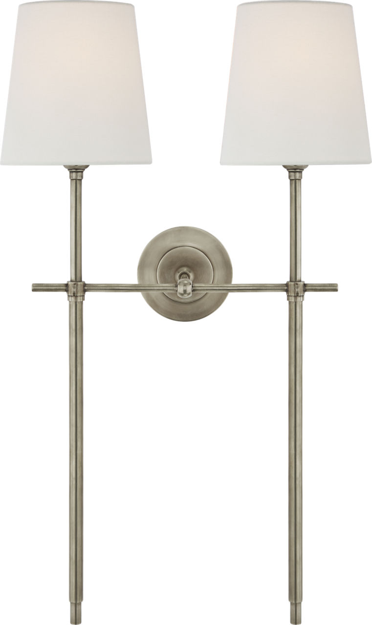 Bryant Large Double Tail Sconce in Antique Nickel with Linen Shades