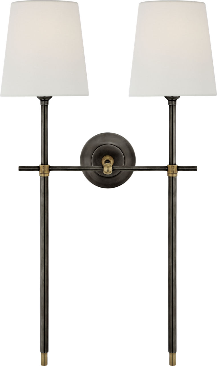 Bryant Large Double Tail Sconce in Bronze and Hand-Rubbed Antique Brass with Linen Shades