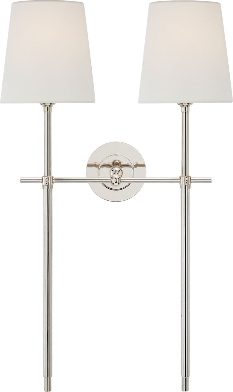Bryant Large Double Tail Sconce in Polished Nickel with Linen Shades