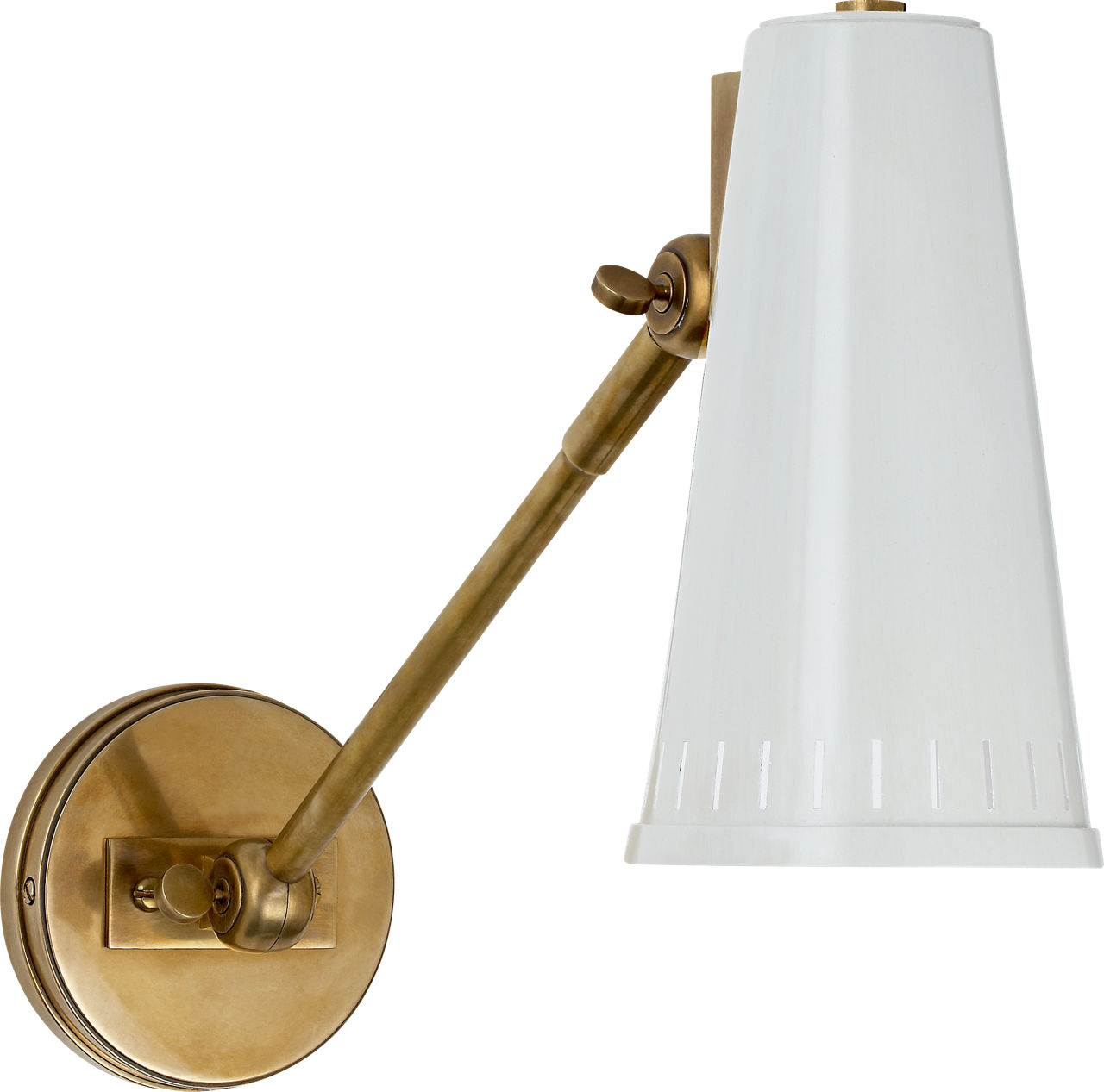 Antonio Adjustable One Arm Wall Lamp in Hand-Rubbed Antique Brass with Antique White Shade
