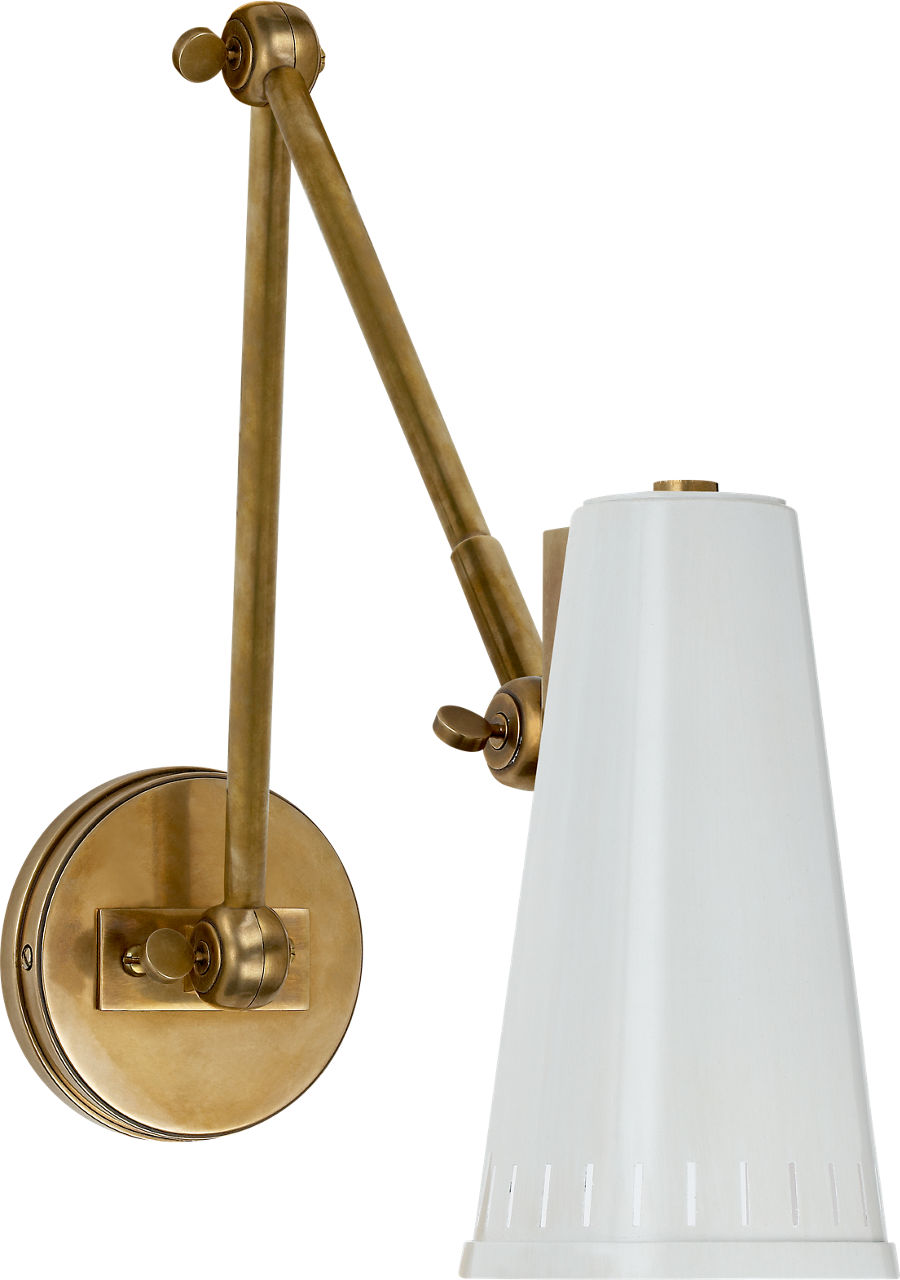 Antonio Adjustable Two Arm Wall Lamp in Hand-Rubbed Antique Brass with Antique White Shade