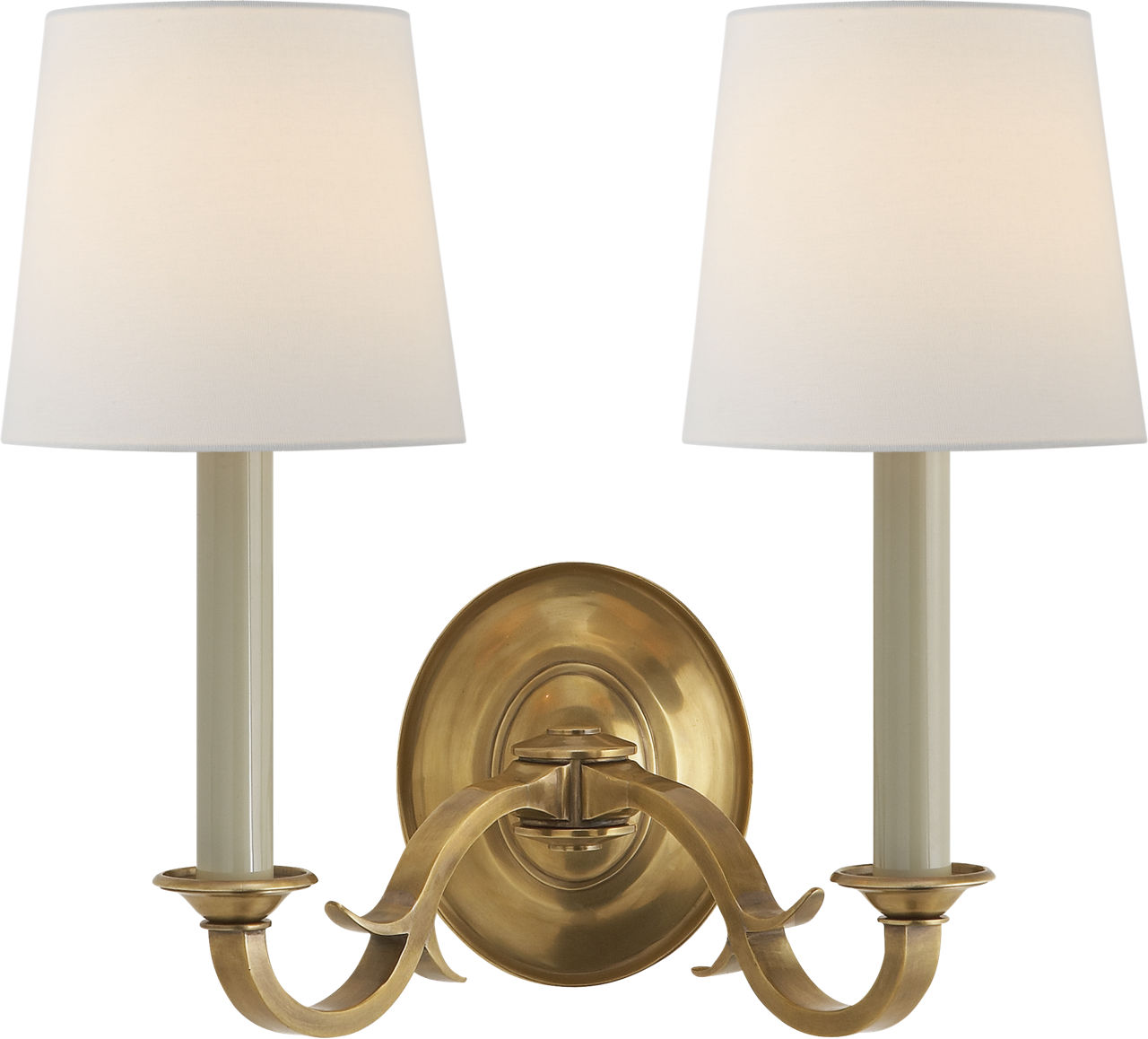 Channing Double Sconce in Hand-Rubbed Antique Brass with Linen Shades