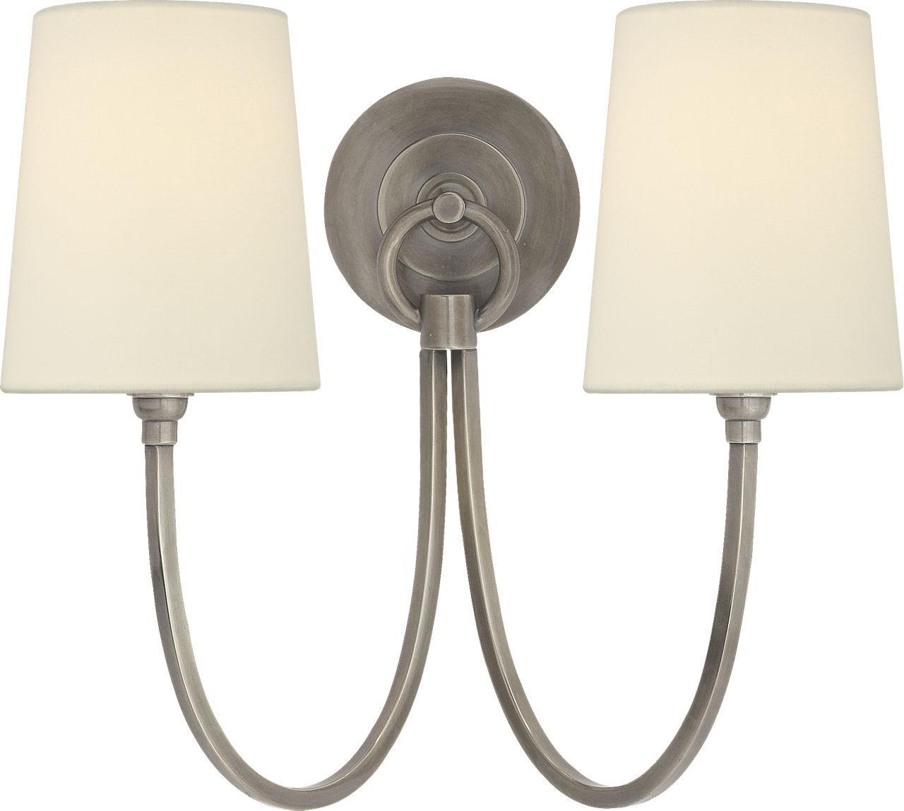 Reed Double Sconce in Antique Nickel with Linen Shades