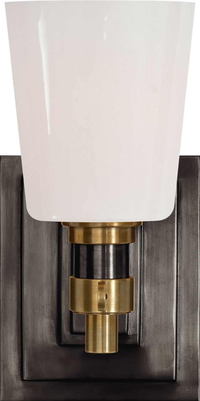 Bryant Single Bath Sconce in Bronze and Hand-Rubbed Antique Brass with White Glass