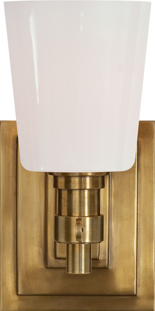Bryant Single Bath Sconce in Hand-Rubbed Antique Brass with White Glass