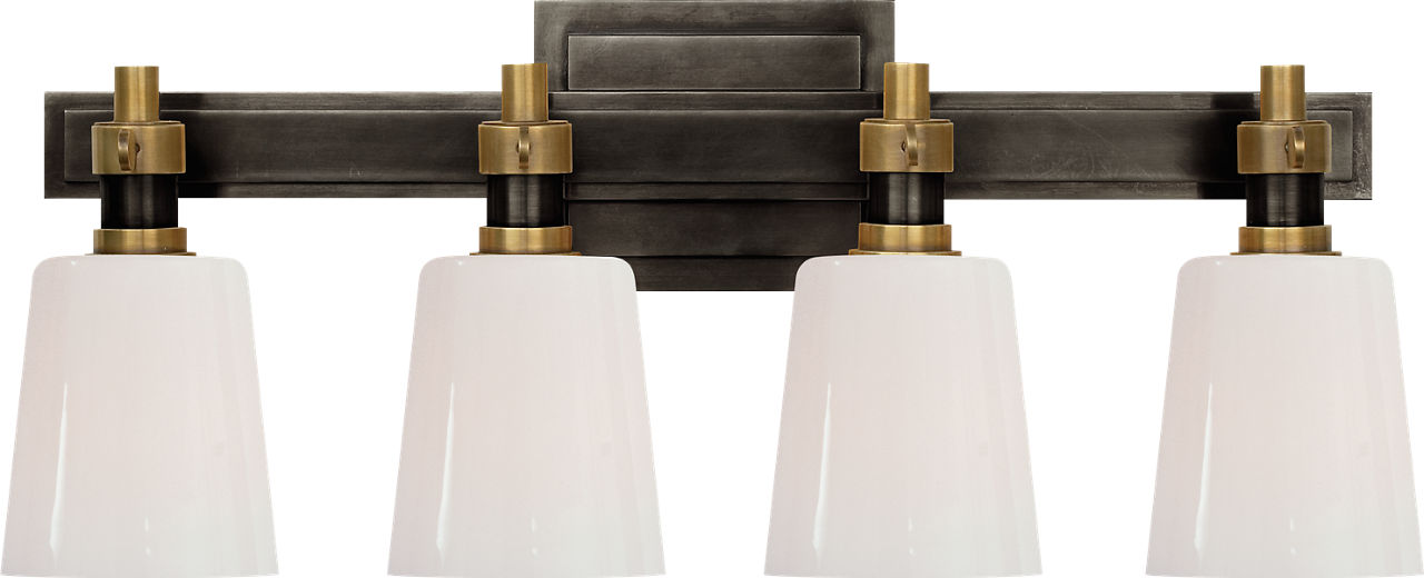 Bryant Four-Light Bath Sconce in Bronze and Hand-Rubbed Antique Brass with White Glass