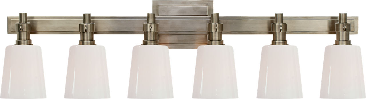 Bryant Six-Light Linear Bath Sconce in Antique Nickel with White Glass