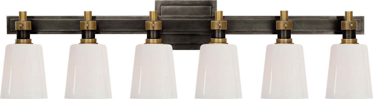 Bryant Six-Light Linear Bath Sconce in Bronze and Hand-Rubbed Antique Brass with White Glass