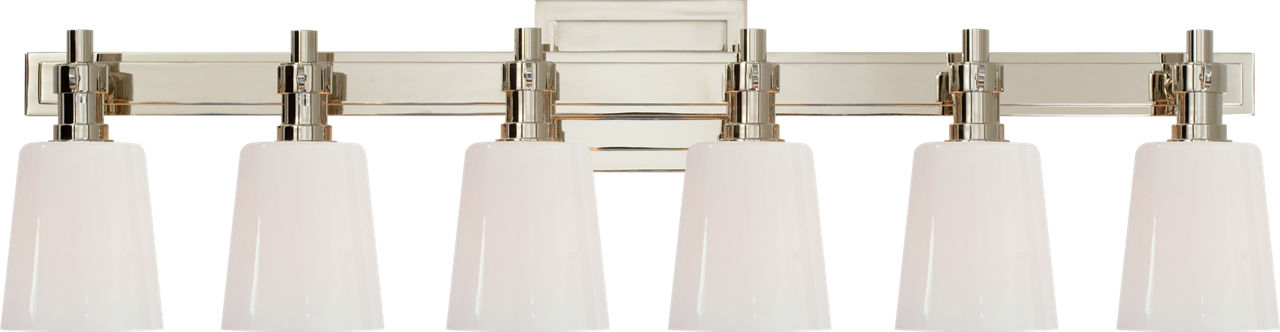 Bryant Six-Light Linear Bath Sconce in Polished Nickel with White Glass