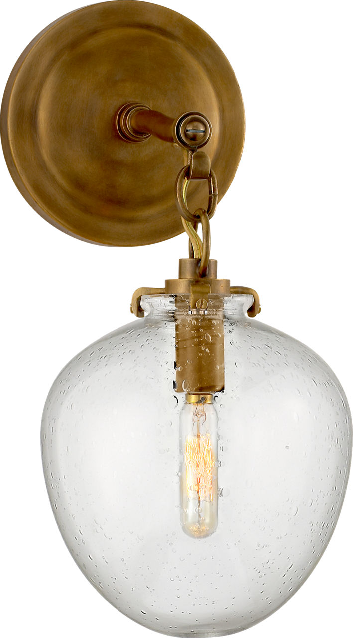 Katie Small Acorn Sconce in Hand-Rubbed Antique Brass with Seeded Glass