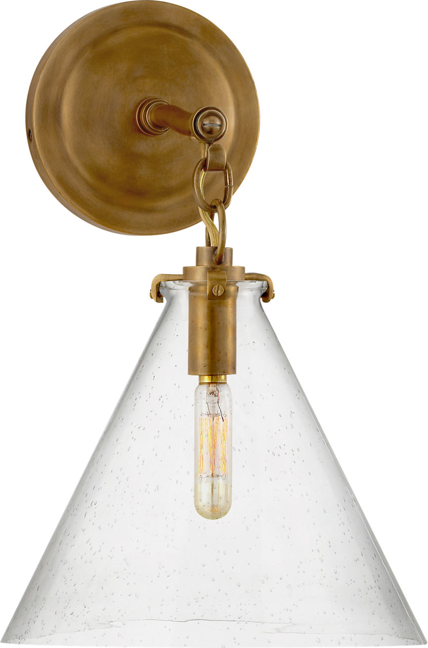 Katie Small Conical Sconce in Hand-Rubbed Antique Brass with Seeded Glass
