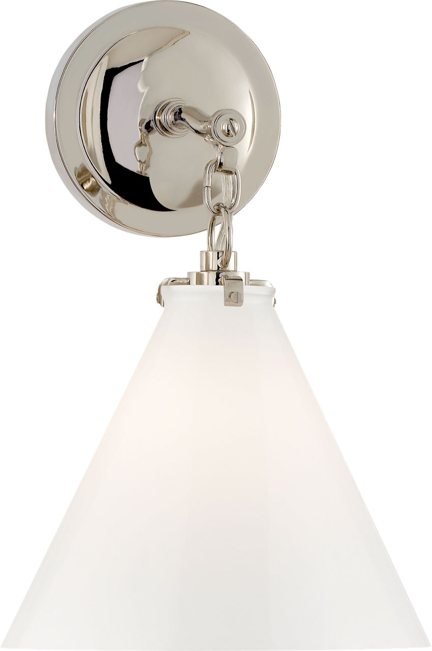 Katie Small Conical Sconce in Polished Nickel with White Glass