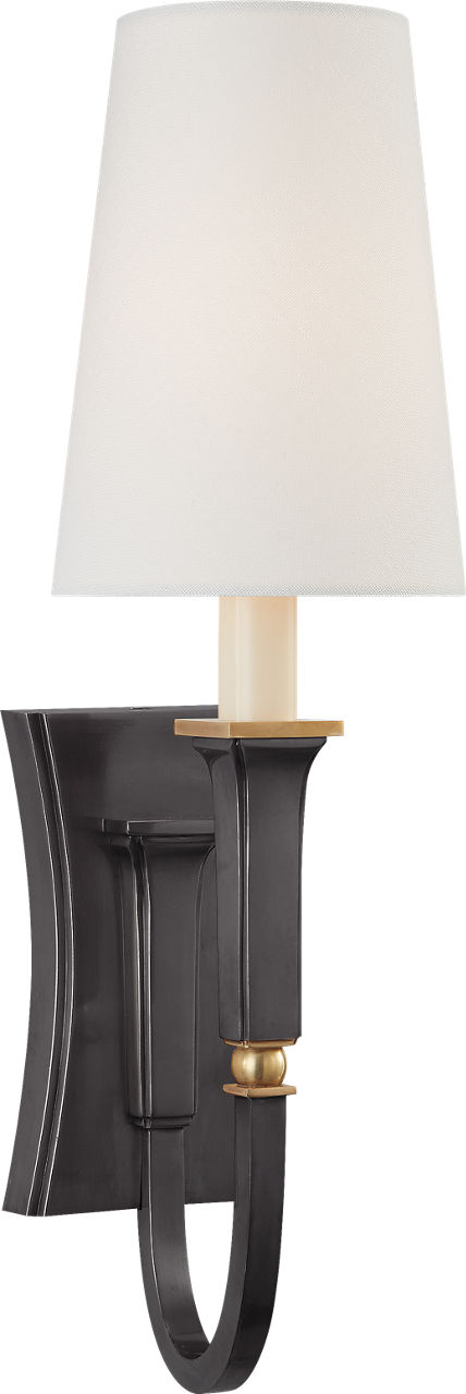 Delphia Small Single Sconce in Bronze and Hand-Rubbed Antique Brass with Linen Shade