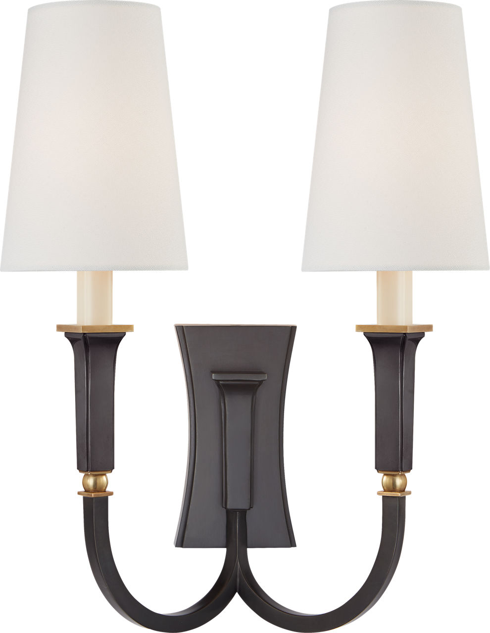 Delphia Large Double Arm Sconce in Bronze and Hand-Rubbed Antique Brass with Linen Shade